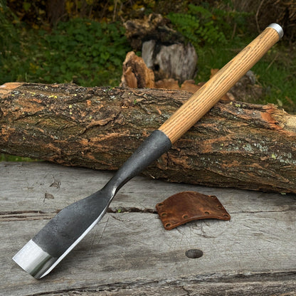 Hand-forged timber framing rounded chisel with ash handle and steel blade