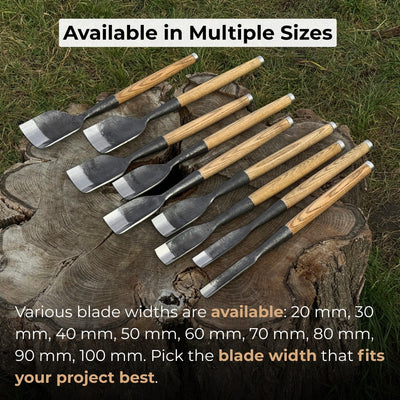 Hand-forged timber framing rounded chisel with ash handle and steel blade
