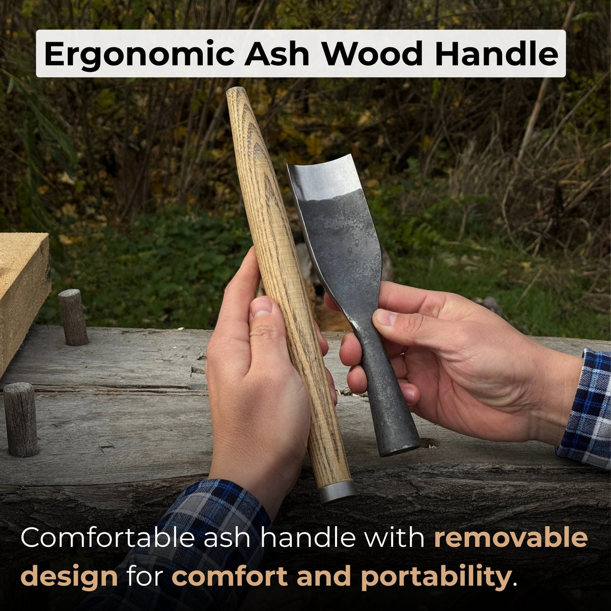 Hand-forged timber framing rounded chisel with ash handle and steel blade