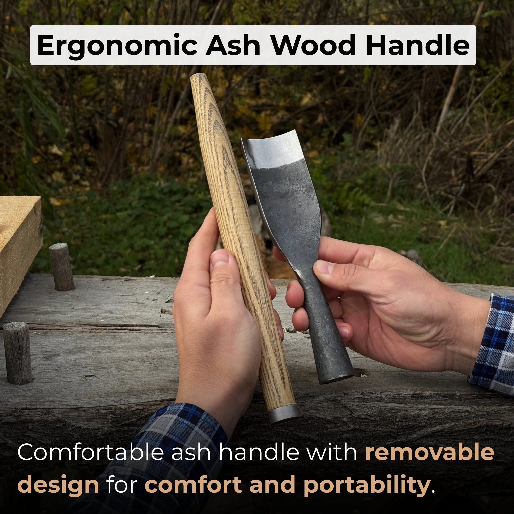Hand-forged timber framing rounded chisel with ash handle and steel blade