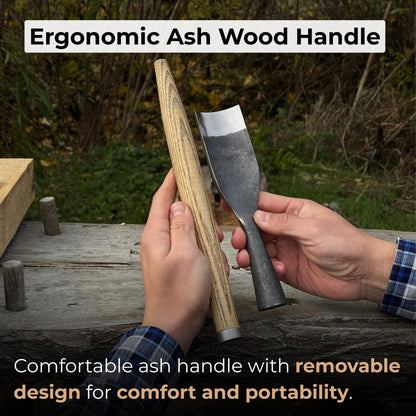 Hand-forged timber framing rounded chisel with ash handle and steel blade