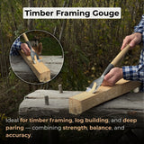 Hand-forged timber framing rounded chisel with ash handle and steel blade