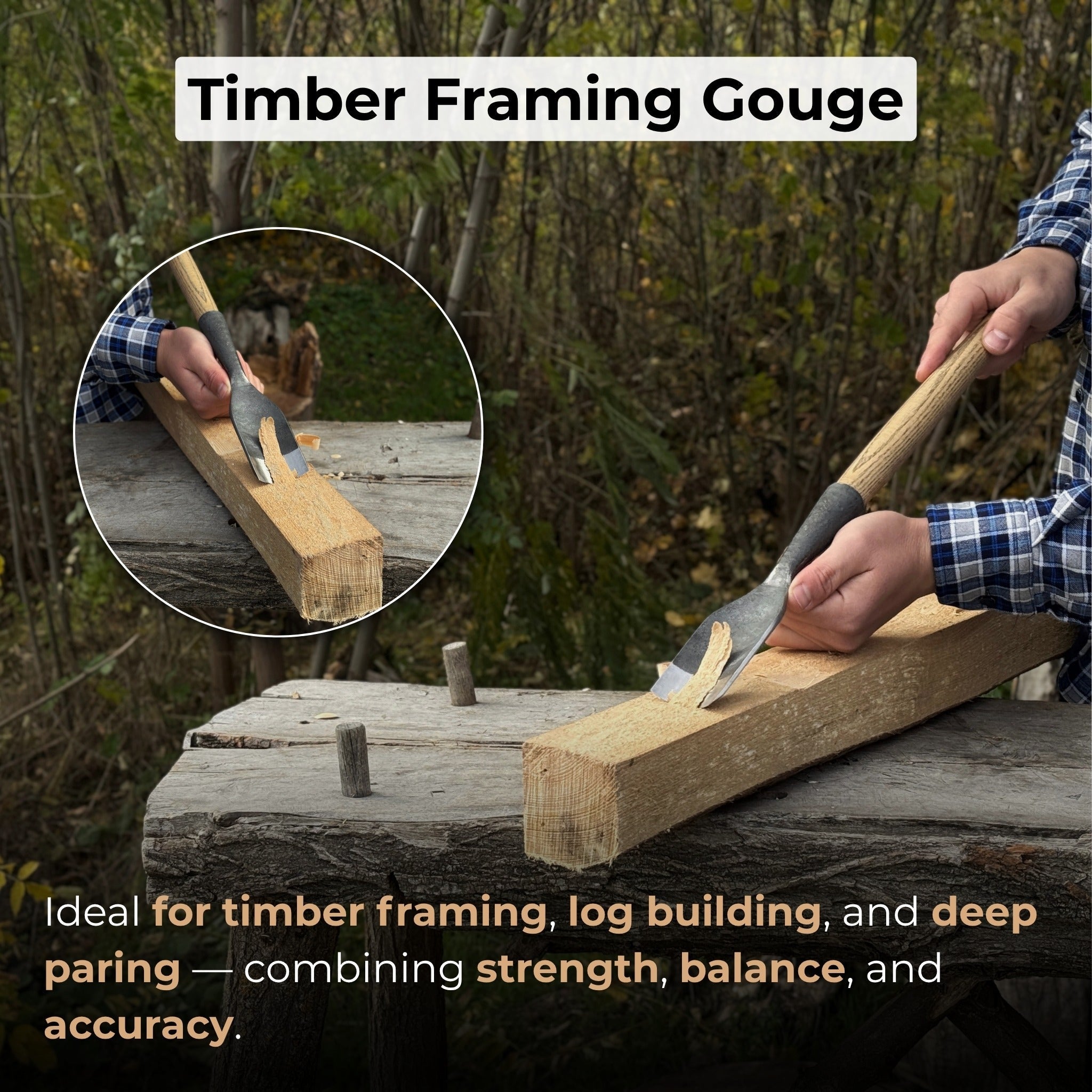 Hand-forged timber framing rounded chisel with ash handle and steel blade