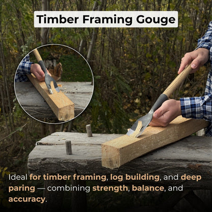 Hand-forged timber framing rounded chisel with ash handle and steel blade