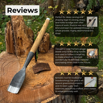 Hand-forged timber framing rounded chisel with ash handle and steel blade
