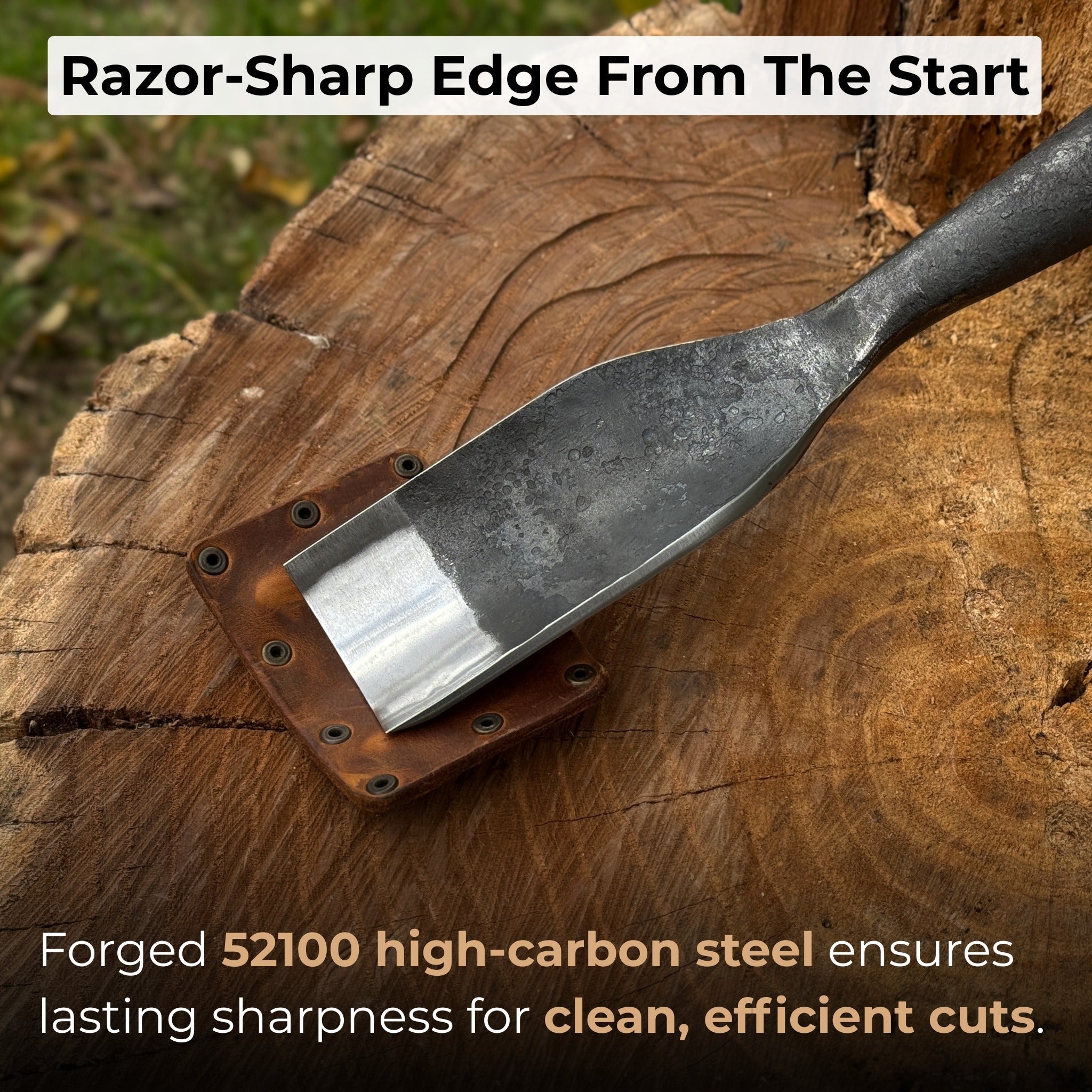 Hand-forged timber framing rounded chisel with ash handle and steel blade
