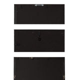 Back views of three rectangular picture frames in black, each with distinct hanging hardware and securing tabs visible on the matte backing.