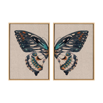Sylvie Boho Butterfly Watercolor Diptych Neutral Linen Framed Canvas Art Set by The Creative Bunch Studio