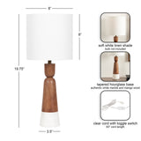 Table lamp with a soft white linen shade, tapered hourglass base combining white marble and mango wood, and clear cord with toggle switch, standing 19.75 inches tall.