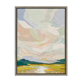 Abstract landscape painting featuring layered pastel-colored clouds above green hills and yellow fields with a meandering light-colored river, framed in a simple wood frame.