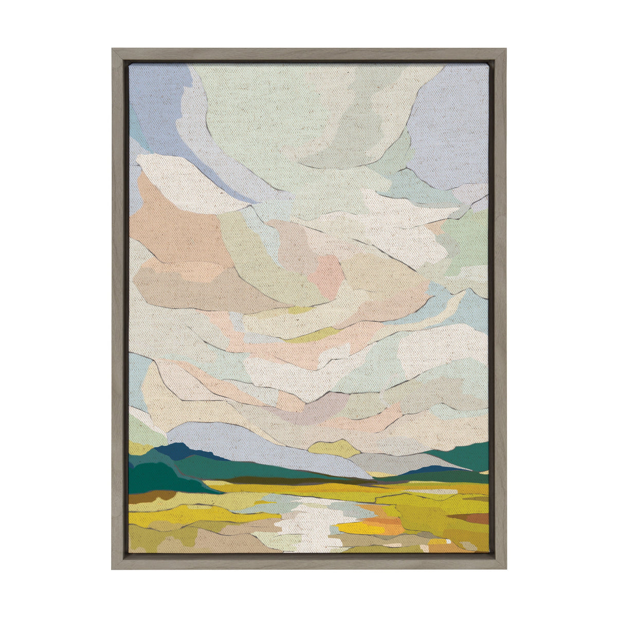 Abstract landscape painting featuring layered pastel-colored clouds above green hills and yellow fields with a meandering light-colored river, framed in a simple wood frame.