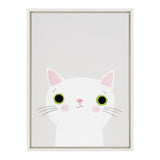 Framed minimalist illustration of a white cat with large green eyes, pink ears, and blush cheeks on a light gray background.