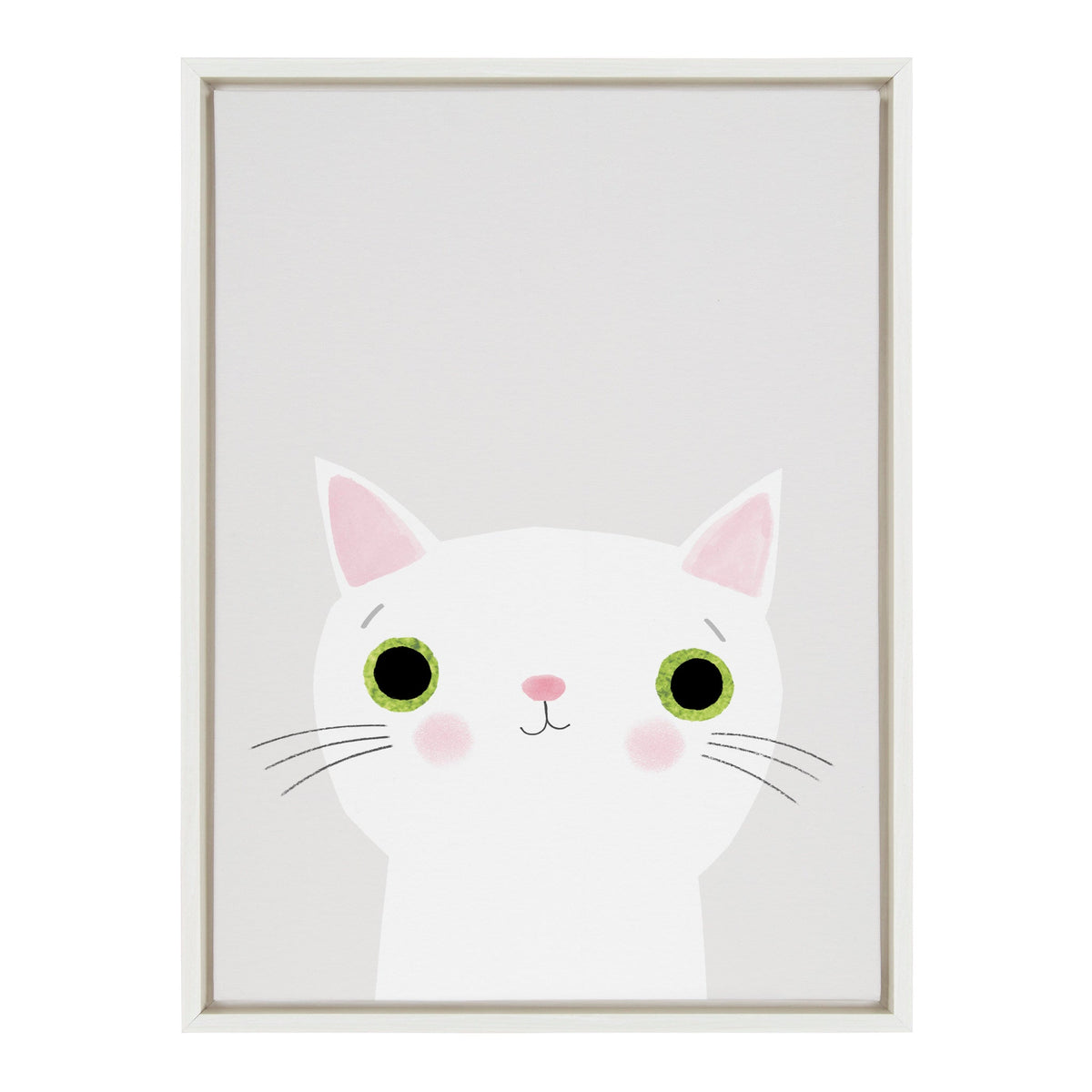 Framed minimalist illustration of a white cat with large green eyes, pink ears, and blush cheeks on a light gray background.