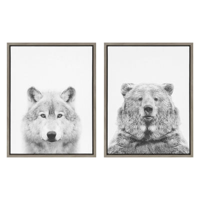 Sylvie Wolf and Bear European framed canvas wall art set showing gray and natural frame color options and floating canvas prints of woodland animals