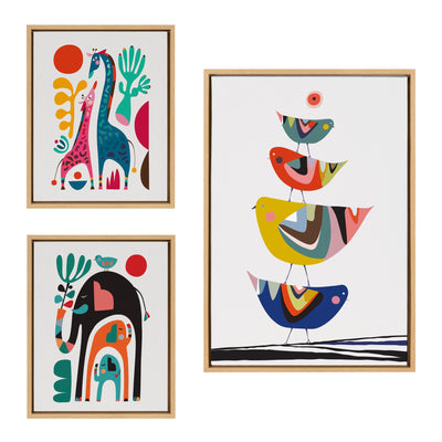 Sylvie Family Tree framed canvas art set featuring colorful birds, giraffe, and elephants in mid-century style