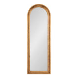 Tall arch-shaped wall mirror with a smooth, warm-toned wooden frame featuring rounded edges and a minimalist design.