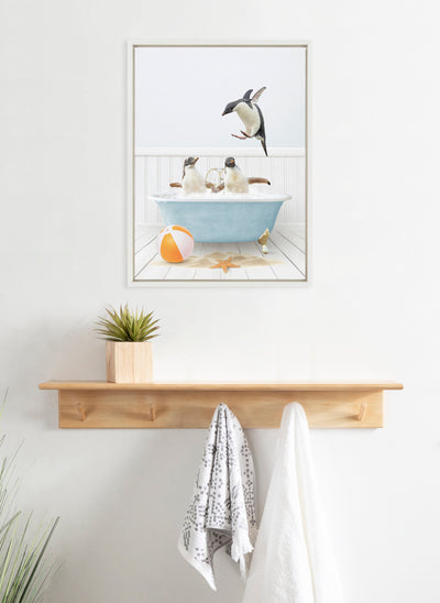 Sylvie Three Penguins Beach House Bath Framed Canvas by Amy Peterson
