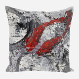 Square pillow with abstract textured painting in gray and white tones accented by bold red brushstrokes and rough black markings.