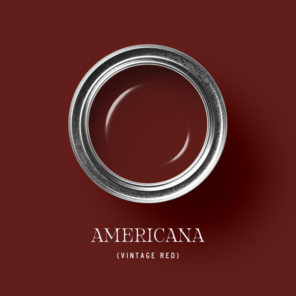 Cans of Americana paint by tonesterpaints showing vintage red in various finishes