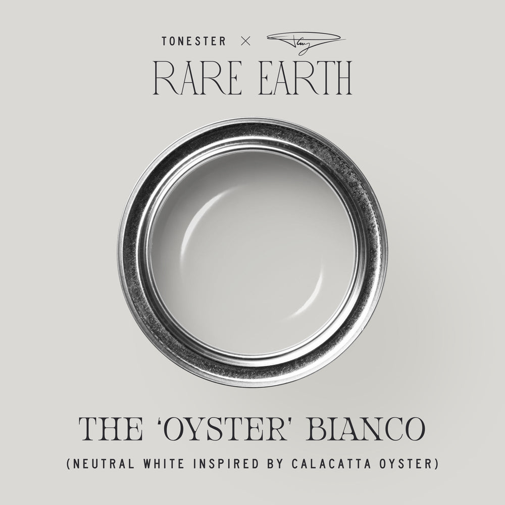 The ‘Oyster’ Bianco paint can with samples of painted walls in soft creamy tones