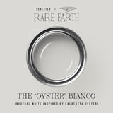 The ‘Oyster’ Bianco paint can with samples of painted walls in soft creamy tones