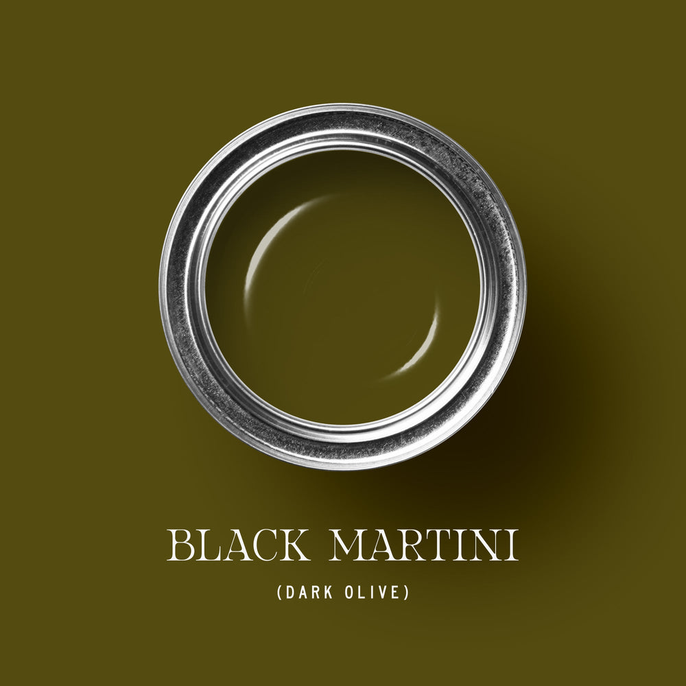 Cans of Black Martini paint in various finishes and sizes by tonesterpaints
