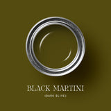 Cans of Black Martini paint in various finishes and sizes by tonesterpaints