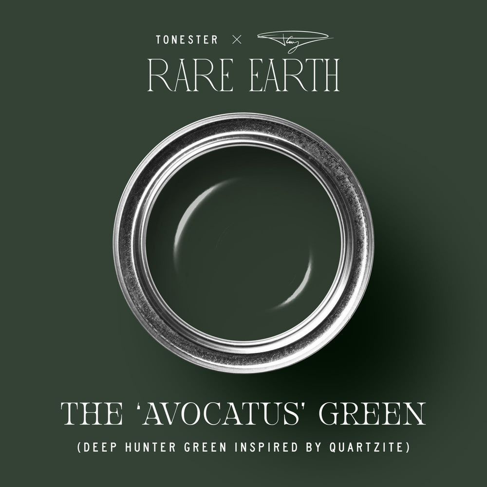 The ‘Avocatus’ Green paint can and example interior walls painted in muted green.