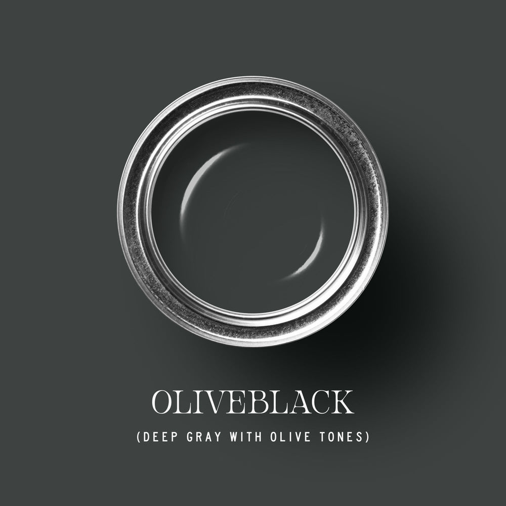 Cans of Oliveblack paint showing deep gray with olive tones and multiple finish options by tonesterpaints