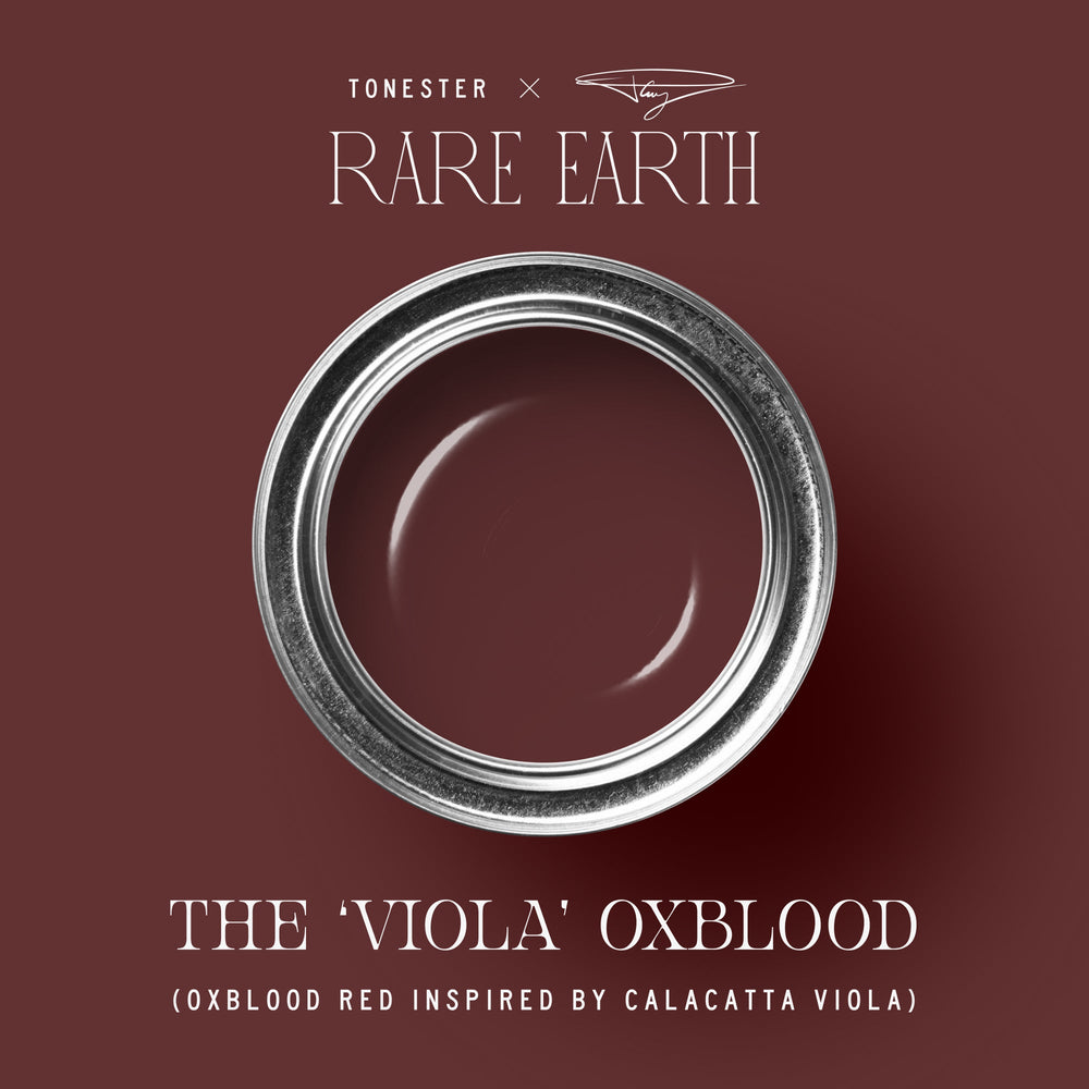 The ‘Viola’ Oxblood interior paint cans and examples of painted spaces in red hues