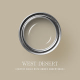 Cans of West Desert paint in various finishes and sizes with labels visible