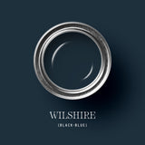 Wilshire paint can with black-blue color label designed by Tony Piloseno