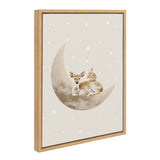 Framed canvas art depicting a young deer and rabbit resting together on a gray crescent moon against a beige background with scattered white stars.