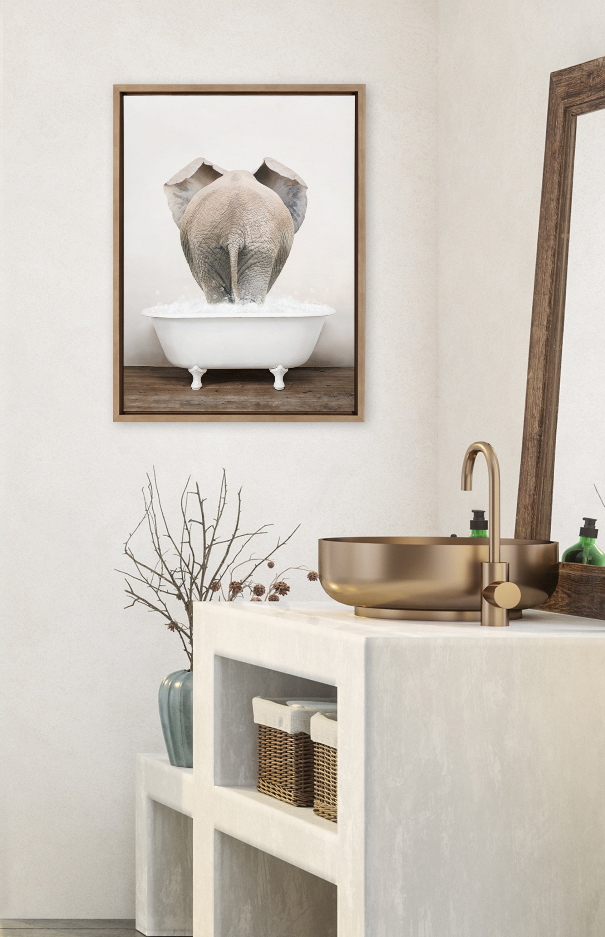 Sylvie Elephant Back in Rustic Bath Framed Canvas by kateandlaurel - product image 4 for Resin Society