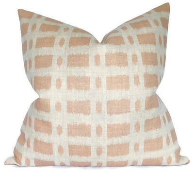 Townline Pillow Cover in Pink with Schumacher printed front and ivory linen backing, arranged on a neutral chair.