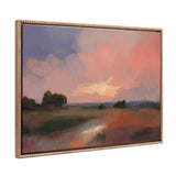 Framed canvas painting of a soft, impressionistic evening landscape with a glowing sun setting behind rolling foothills and scattered trees under a pink and purple sky.