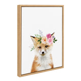 Framed canvas print of a red fox with a floral crown of pink and peach roses and green leaves on a white background, viewed slightly from the side.