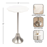 Small table with a scalloped white marble top and a silver metal base, shown with dimensions and close-up insets of tabletop and base details.