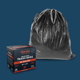 Black 30-gallon drawstring trash bag filled and closed, next to its black, red, and white retail box on a blue background.