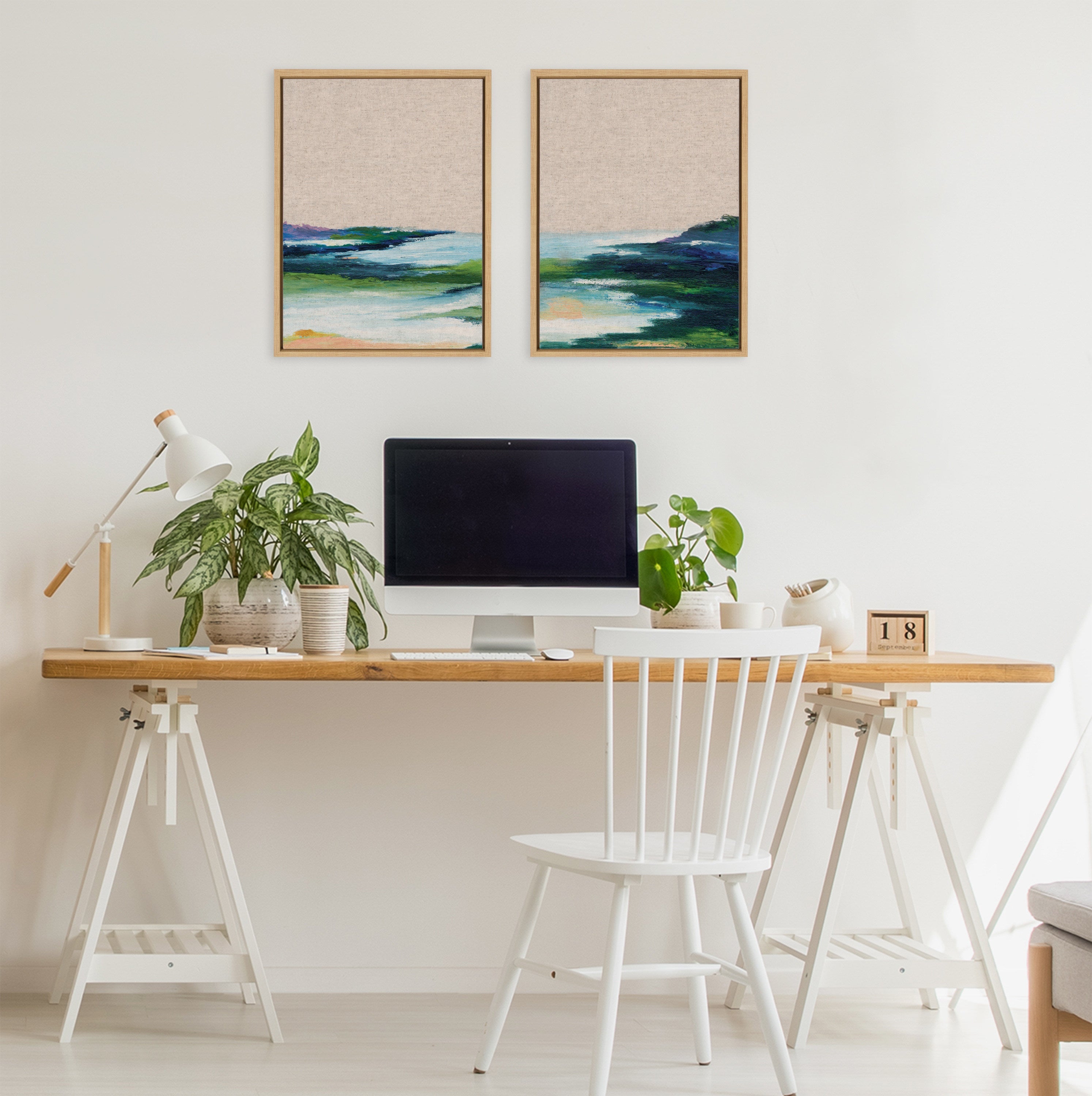 Sylvie Lake Huron I and II Neutral Linen Framed Canvas Art Set by Nikita Jariwala