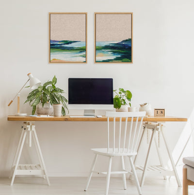 Sylvie Lake Huron I and II Neutral Linen Framed Canvas Art Set by Nikita Jariwala