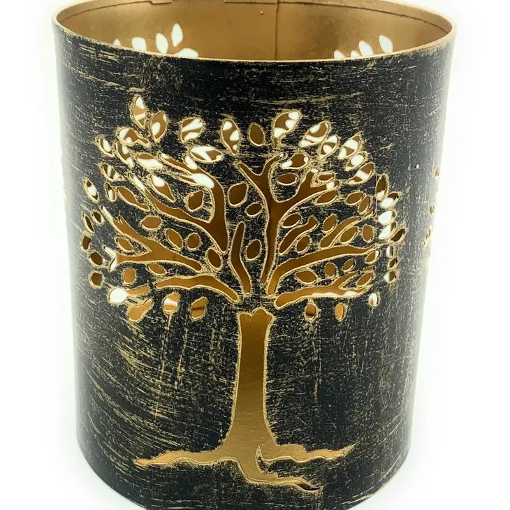 High Tree Votive Candle Holder with laser cut design casting shadows