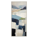 Abstract painting with vertical composition featuring layered blue, white, beige, and green shapes with soft, blurred transitions and fine black line details.