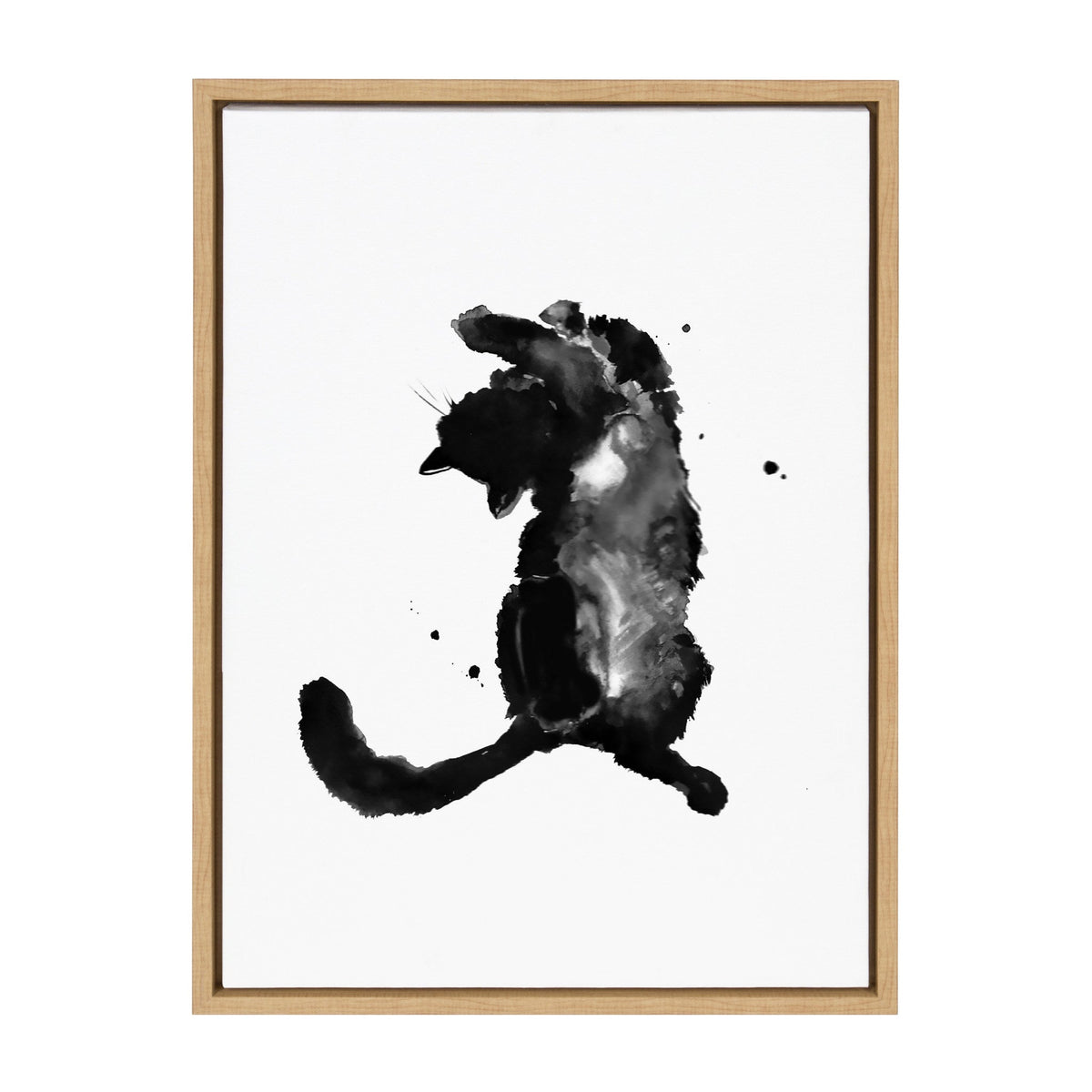 Black and gray watercolor painting of a playful cat stretching upward on white background, framed in light wood.