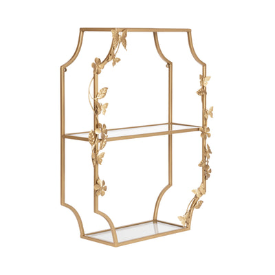 Rosella Floral Tiered Shelf Metal with butterfly and floral details and three clear glass shelves