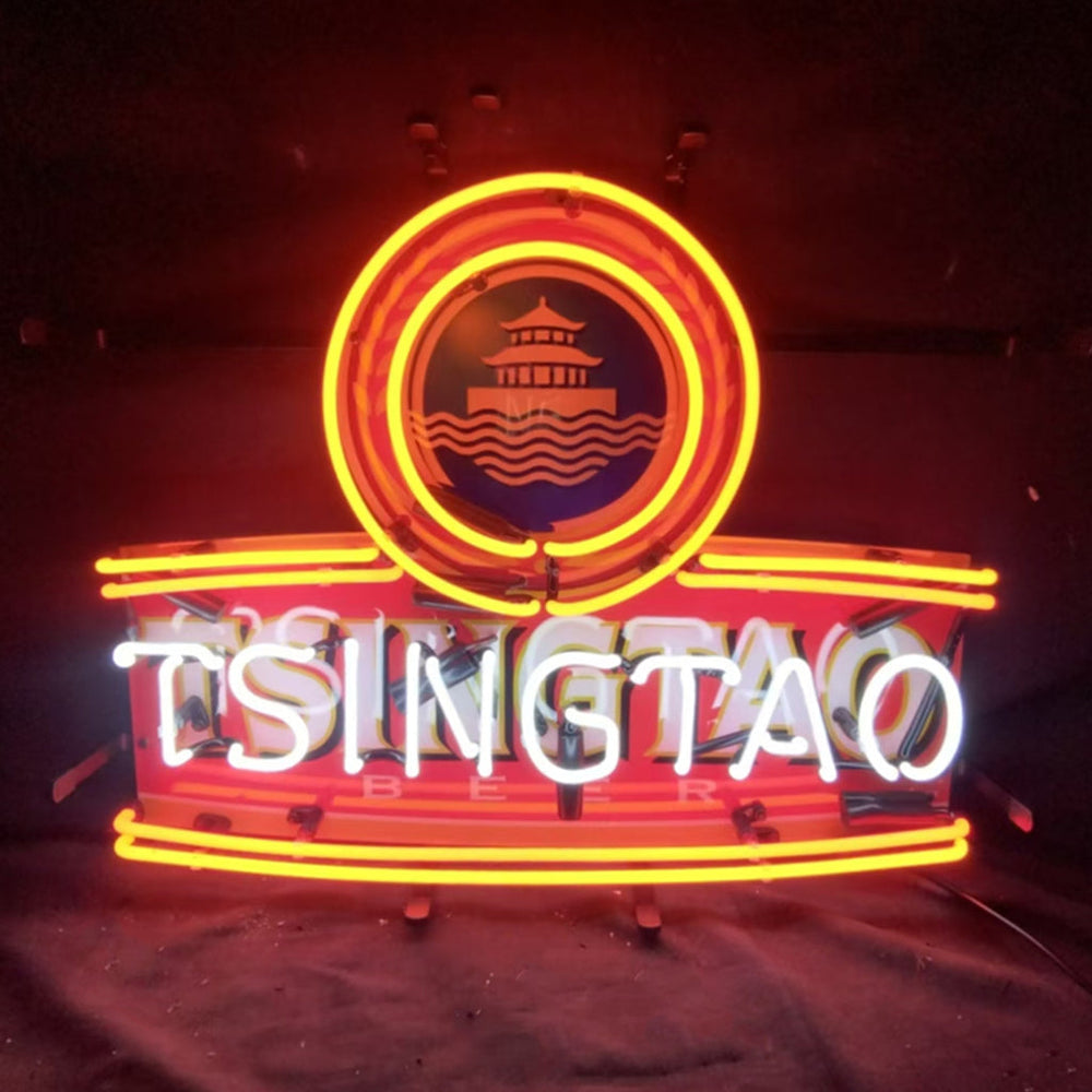 Tsingtao Beer Neon Sign Light displayed indoors with bright red and yellow neon glass tubes on acrylic and metal backing