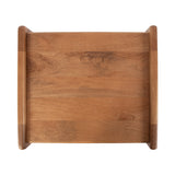 Square wood tray with rounded raised edges and visible natural grain patterns, shown from above on a white background.