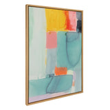 Framed abstract canvas with soft pastel rectangles in teal, yellow, pink, and orange, showcasing watercolor-like textures and a light wood frame.