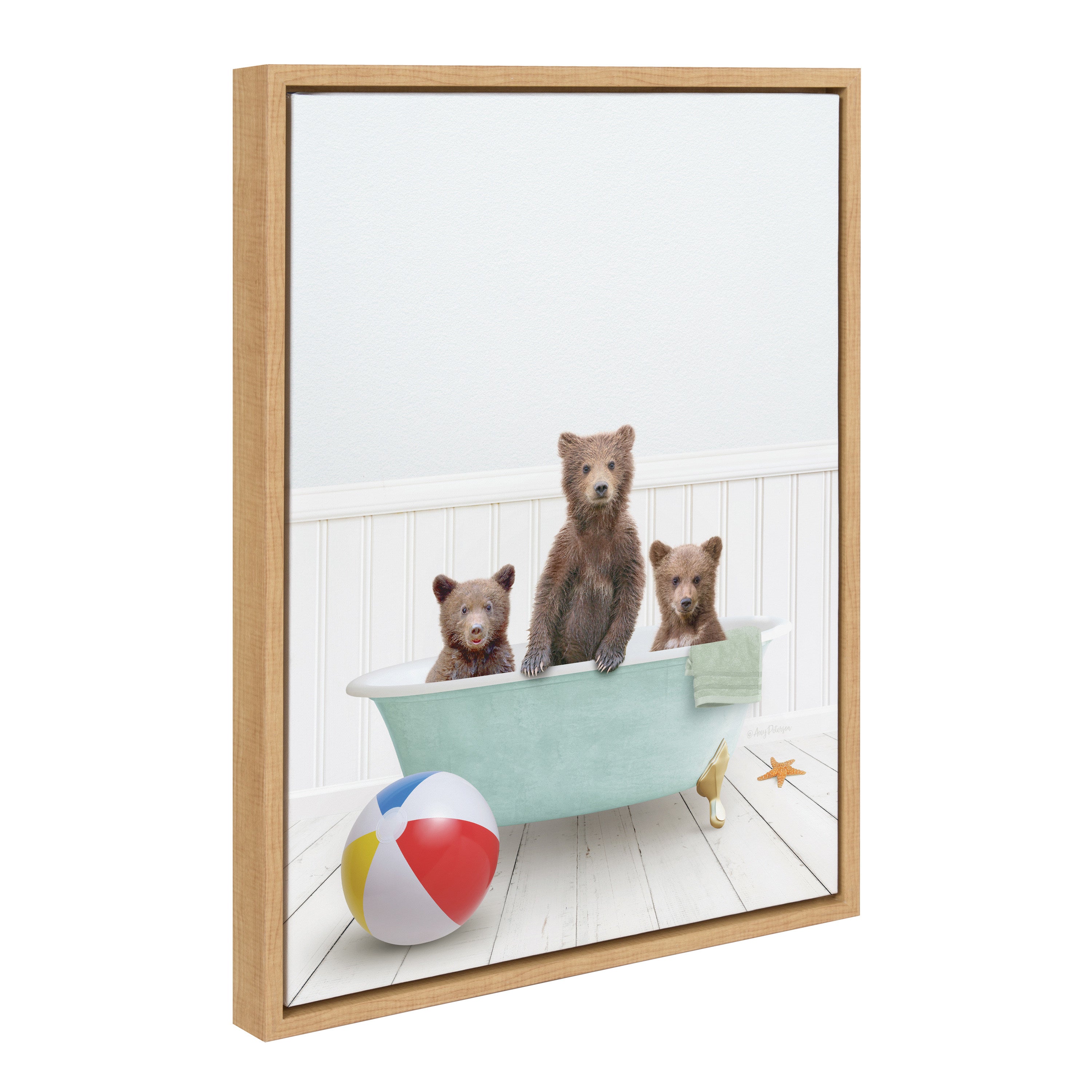 Sylvie Three Bear Cubs In Beach House Bath Framed Canvas by Amy Peterson