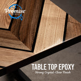 Close-up of a geometric tabletop featuring wood grain patterns in natural brown tones separated by black epoxy lines with a glossy crystal-clear finish.